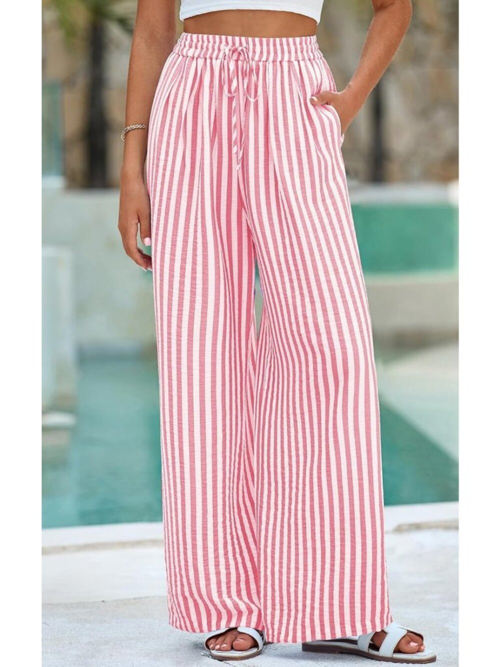 Lightweight Striped Palazzo Pants for Women | Elastic Waist, Comfy & Stylish - Picture 2 of 6
